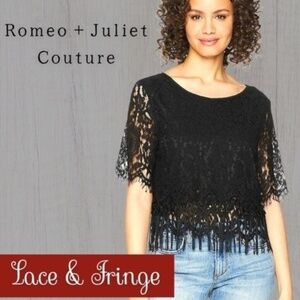 ROMEO & JULIET COUTURE Black Floral Lace and Fringe Top NWT/Lg